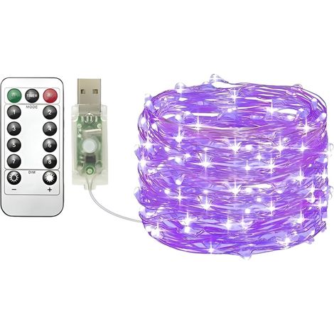 Guirlande Lumineuse USB - 20 m - 200 LED Violet - Télécommande - 8 Modes - Minuterie - Intensité Réglable - Décoration Intérieure Extérieure - 1 Pièce