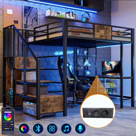 Lit mezzanine 140×200 cm en métal avec bureau, rangements, penderie, éclairage LED et prise électrique – Lit superposé multifonctionnel pour bureau, chambre d’études ou petite chambre, Noir