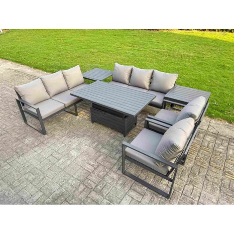 Fimous Garden Aluminium Furniture Set Dark Grey 8 Seater Outdoor Patio Adjustable Rising Lifting Dining Table with 2 Chairs 2 Side Tables Dark Grey (1/5)