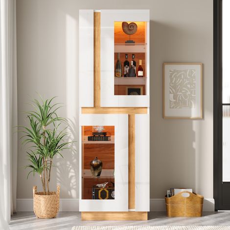 Vitrine haute de salon 60x40x180 cm, 2 portes vitrées, étagères en verre, LED pilotable par application, finition brillante, blanc et naturel (1/5)