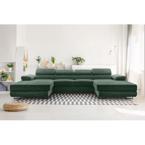 AX LIVING Sofa U Form mit Schlaffunktion Arborio U 352cm in Dunkelgrün