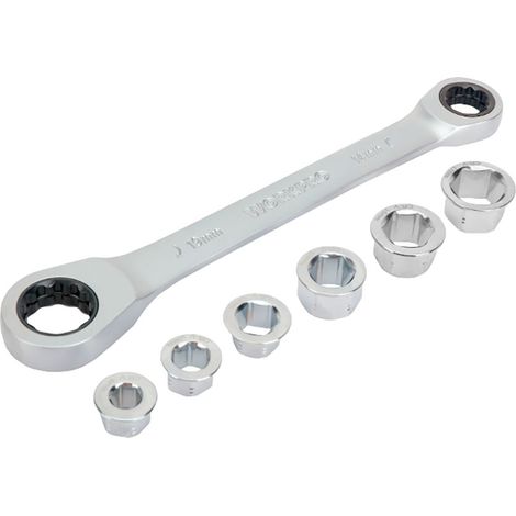 Augenschlüssel Cr-v Doppel mit Ratschenschlüssel, 6 austauschbare Stecknüsse, 14 x 19 mm, 7 Stück