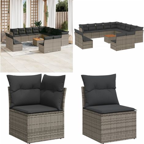 14-tlg. Garten-Sofagarnitur mit Kissen Grau Poly Rattan - Gartenmöbel Set - Outdoor Möbel - Rattan Sofa - Lounge Set - Esstisch - Home & Living (1/5)