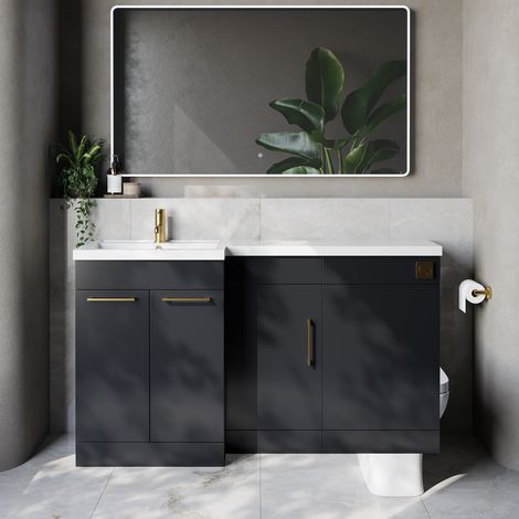 Napoli 390 Gloss Grey 1500mm 3 Door Vanity Unit Toilet Suite with Left Hand Square Lucia Basin - 1500mm - Brushed Brass 160mm HandleWithout Kingston Toilet Pan