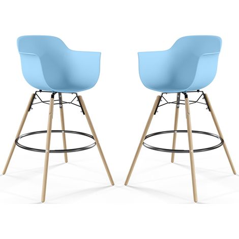 Sgabello da Bar - Design Scandinavo - Gambe in Legno - Set di 2 - Nordika Azurro