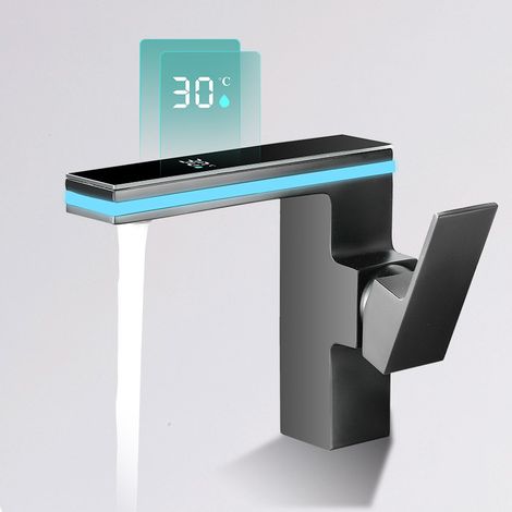 Robinet de Lavabo Mitigeur avec Écran Numérique LED, Gris Gun Métal, pour Salle de Bain (1/2)