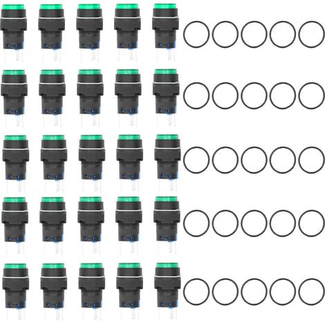 Kit de 25 interrupteurs à bouton momentanés autobloquants 5 broches 16 mm avec voyant lumineux 24 V pour équipements (vert) (1/5)