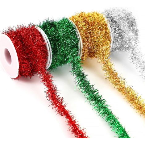 Lametta Girlande 20m, 4 Rollen Weihnachtsbaum Deko Rot Grün Gold Silber