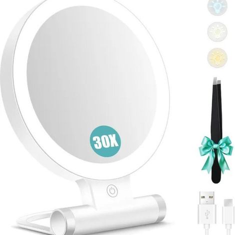 Beleuchteter Vergrößerungsspiegel, 30x/1x, doppelseitig, wiederaufladbarer LED-Schminkspiegel (1000 mAh) mit 3 Lichtfarben, faltbar und tragbar für Reisen (1/5)