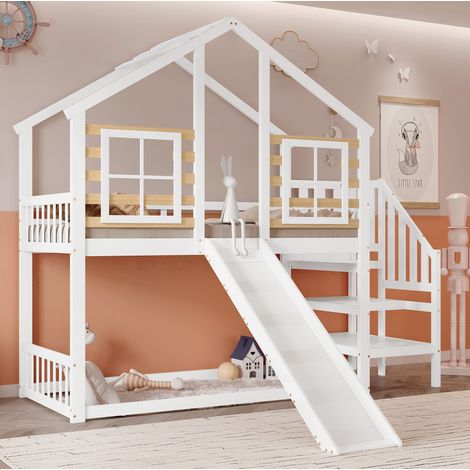 Letto a castello bambini 90x200 cm con scala, sponda di sicurezza e scivolo, in legno, senza materasso, bianco (1/5)