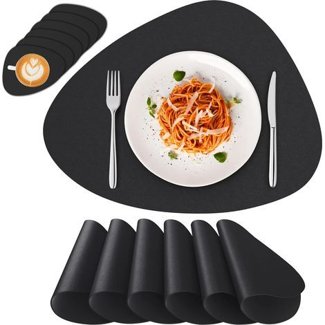Washable, waterproof and non-slip PVC placemats, set of 6 placemats and 6 coasters, black (1/5)