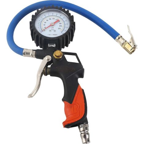 Reifenfüller mit Manometer, mechanisches Zeiger-Reifendruckmessgerät mit Schlauch, 0-15 bar / 0-220 psi
