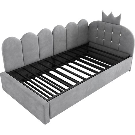 Canapé-lit 90x200 cm avec lit gigogne, lit d'appoint 90x190 cm en L, velours gris, design grille-couronne, design mignon couronne et grille, gain de place pour chambre d'enfant et chambre d'amis, sans