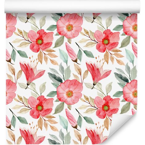 Papier peint Fleurs corail, blanc, gris clair et crème 50x1000 cm (1/5)