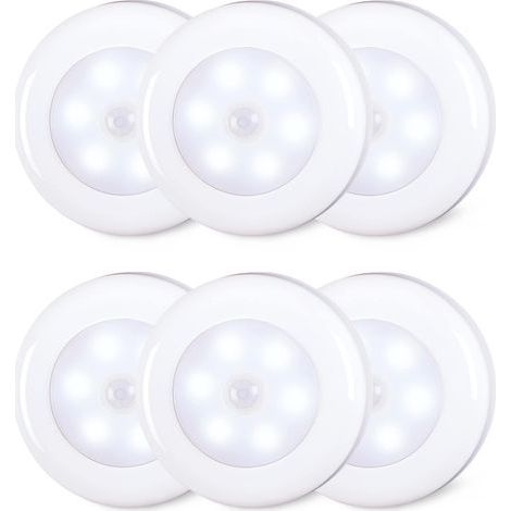 Set of 6 8cm LED indoor motion sensor lights, AAA battery powered, stick-on for stairs, under cabinets, cupboards, cool white (1/4)