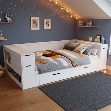 Lit adulte 140 x 200 cm lit avec tiroirs, étagères et table de chevet, blanc, sans matelas (1/5)