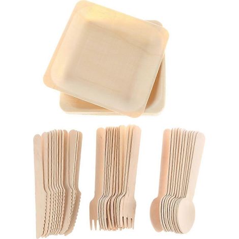 Ensemble de camping beige avec 144 pièces de vaisselle en bois (1/5)
