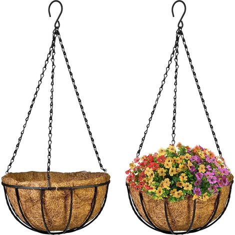 2 Cesti portavasi sospesi in fibra di cocco con Diametro 30 cm - Con struttura e gancio in metallo verniciato nero - Decorazioni per piante e fiori (1/5)