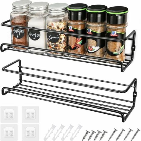Estante para especias de pared para cocina, juego de 2, estante de almacenamiento de especias de acero inoxidable de doble capa, estante de pared para cocina, viene con pegamento y tornillos, perfecto (1/5)