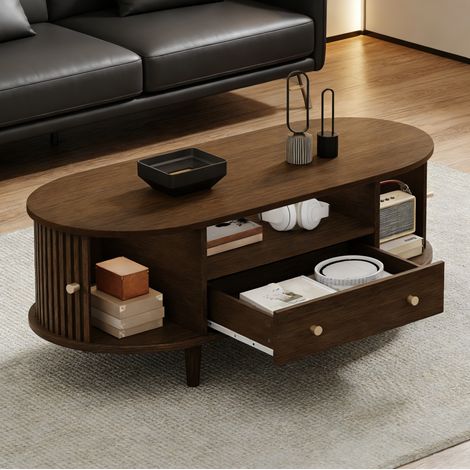 Table basse ovale 100x50x36 cm en MDF placage noyer marron, rangement pour salon – MEUBLIV (1/5)