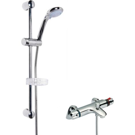Thermostatic Bath Shower Mixer Tap & Multi Function Round Handset Slide Rail Kit Bundle - Chrome - Balterley