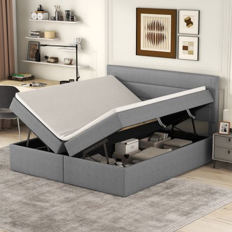 Cama baúl adulto de 140x200 cm, base de láminas, abriendo por ambos lados, sin colchón, gris (1/5)