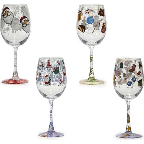 Set 4 Calici vino Natalizi in Vetro 30cl Bicchieri Decorati a Natale Calice piede alto Decorato con Babbo Natale e Motivi Festivi Natalizi acqua Spumante decorazione tavola Idea Regalo Natalizia