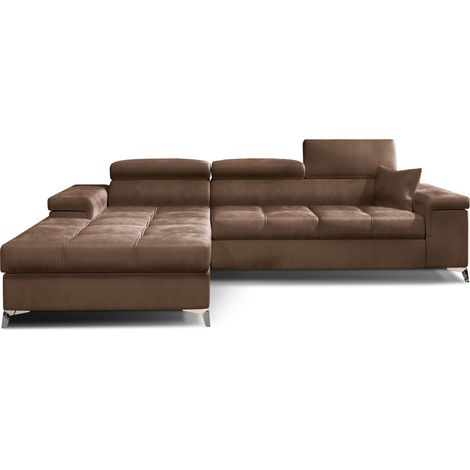 Canapé d'angle convertible velours appuis-tête réglables RIKARO - Coffre et pieds acier chromé-Marron clair-angle gauche (1/5)