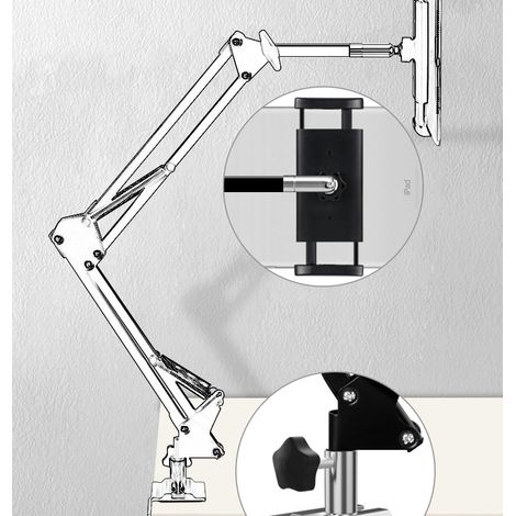Support De Tablette Réglable Et Pliable Pivotant À 360 Degrés Clip De Base En Alliage D'aluminium Cantilever Étendu À Trois Sections - Blanc