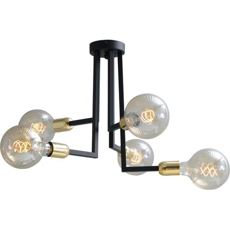Plafonnier noir Tube 5 lumières avec garnitures dorées - 1300752