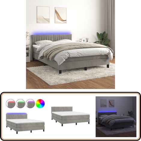 Boxspringbett mit Matratze & LED Hellgrau 140x200 cm Samt - Boxspringbett - Samtbett - Doppelbett - LED Beleuchtung - Matratze Inklusive