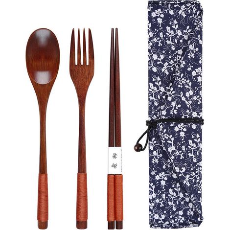 Ensemble Couverts En Bois - Baguettes Cuillère Fourchette Naturel - Pour Cuisine Pique-Nique Camping - 1 Set Avec Étui (1/5)
