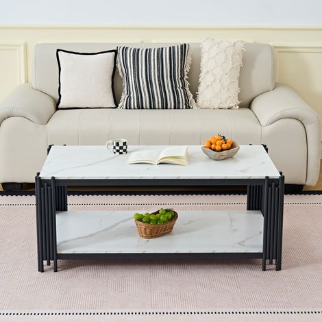Table basse rectangulaire en MDF et métal, plateau effet marbré, 2 niveaux, blanc et noir OKMYHOME (1/5)