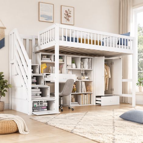 Lit mezzanine enfant multifonctionnel 90x200 cm avec bureau, tiroirs, escalier, casiers et armoire Structure en bois massif Blanc (1/5)