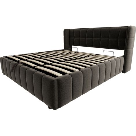 Letto imbottito grigio 180 x 200 cm con rete a doghe e vano contenitore MODENUIT (1/5)