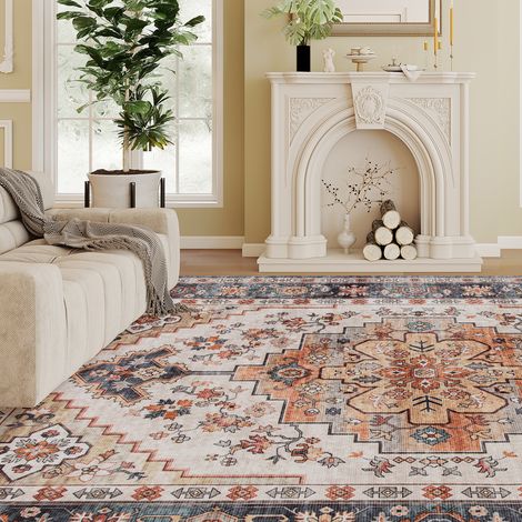 Tapis bohème antidérapant et lavable à poils courts pour salon et chambre, 230 x 160 cm, marron (1/5)