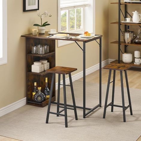 Ensemble Table de Bar avec 2 Tabourets, Hauteur Comptoir 90 cm, 3 Étagères de Rangement, Plateau Marron et Structure Métal (1/5)