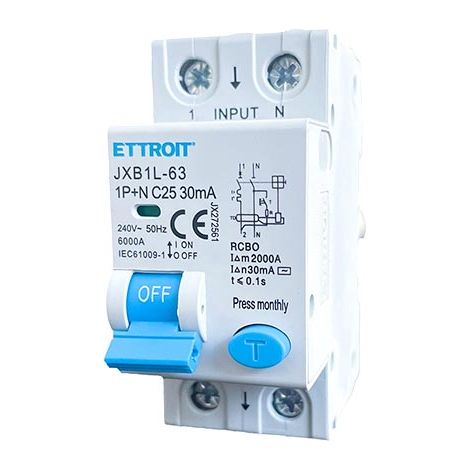 Disjoncteur différentiel 1P+N 25A 6kA 30mA 220V occupe 2 modules DIN Ettroit JX272561