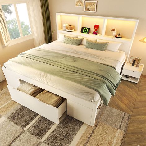Lit double 140x190 cm bois avec rangements, table de chevet mobile, LED, USB-C, tiroirs et étagères blanc (1/5)