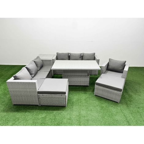 Fimous 7 PCs Rising Dining Table Set Rattan Furniture Set with 3 Seater Sofa Chair 2 Big Footstool Side Table Light Grey (1/5)