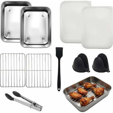 Air Fryer Accessories - 6 Pcs 304 Stainless Steel with 2 Trays 2 Grids Tongs, Tongs, Glove and Oil Brush, Compatible with Double Zone Fryers AF300EU/AF400EU/AF500EU, BPA Free (1/5)