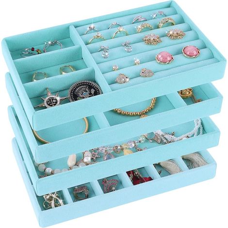 Ensemble de rangement pour bijoux 4 pièces, organisateur de tiroir empilable, idéal pour ranger boucles d'oreilles, bracelets, colliers, montres, cosmétiques, bagues et autres bijoux. Bleu. (1/4)