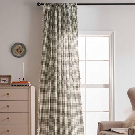 semi-blackout curtain panel in rustic-style checkered cotton and linen for bedroom, living room, with tassels - 150 x 220 cm - Green (1/5)