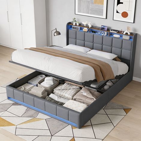 Stauraumbett 160x200 cm Grau - Doppelbett mit Bettkasten, Kopfteil mit LED, Ablage und USB-Anschlüssen, Lattenrost, Polsterbett für Erwachsene