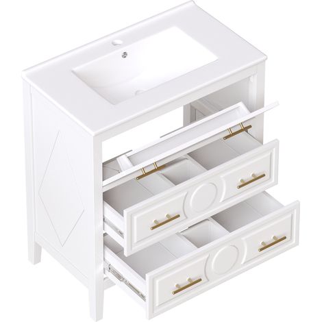 Meuble sous lavabo salle de bain blanc 81x46,5 cm avec vasque en céramique et 3 tiroirs à fermeture douce, design rétro avec poignées métalliques dorées (1/5)