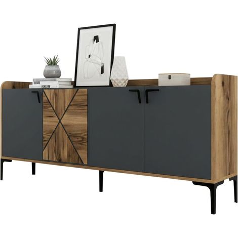 Dmora - Credenza Deneb, Buffet da soggiorno, Madia da salotto, Dispensa da cucina, 180x35h78 cm, Noce e Antracite, con imballo rinforzato, con imballo rinforzato