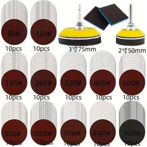 120-Piece Sanding Discs, 50mm and 75mm Pads with Adhesive Sandpaper, 80, 120, 180, 240, 320, 480, 600, 800, 1000, 1200, 1500, 3000 Grit for Cars, Metal and Wood (1/4)