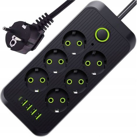 Multiprise Electrique - - 6 Prises - 5 Ports USB - Câble 2 m - Interrupteur intégré (1/5)