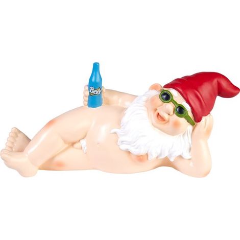 Nain de jardin nu allongé BRUBAKER - Nain nudiste avec bière et lunettes de soleil - Figurine de jardin nudiste amusante et fantaisiste - Décoration résistante aux intempéries pour jardin, camping et (1/5)