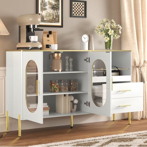 Buffet 140x38x90 cm blanc en MDF avec 2 tiroirs, 2 portes vitrées et passe-câbles (1/5)